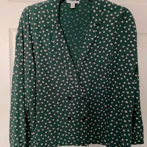 TOPSHOP double breasted  pullover top green/blush polka dot pattern Elbow cuff.